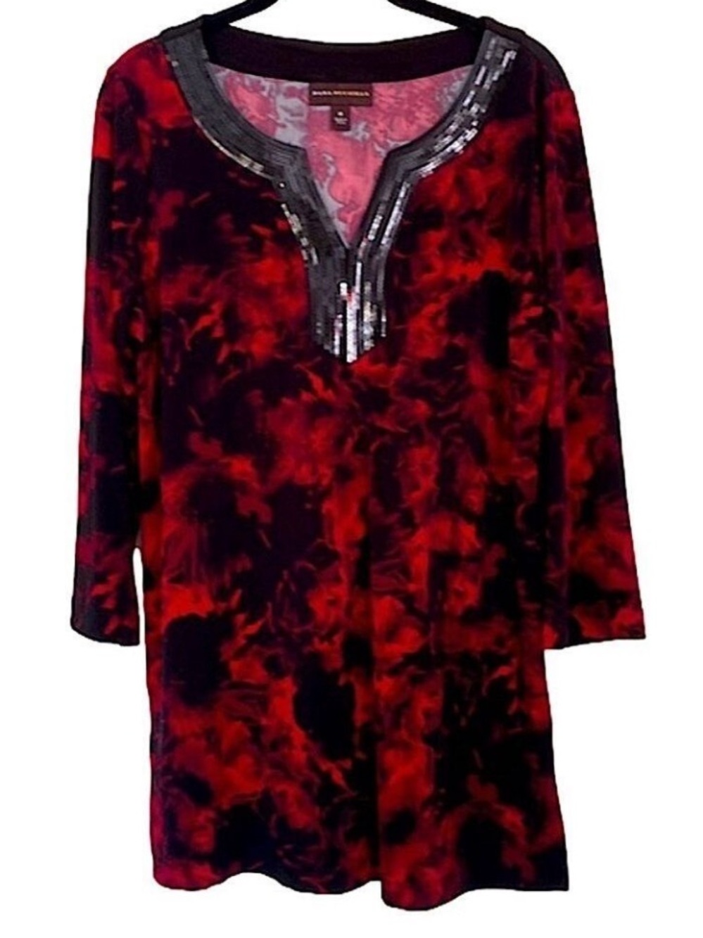 Red Flower Patterned Tunic Top Black Sequined 22” P2P 30” L Collarless Style